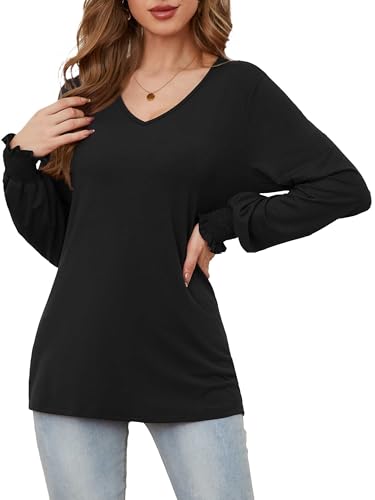 WANGZHI Langarmshirt Damen Elegant V-Ausschnitt Lockere Oberteile Tunika Langarm Top Black,S von WANGZHI