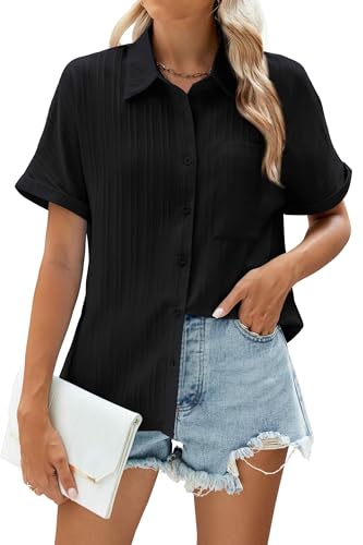 WANGZHI Bluse Damen Hemdbluse Kurzarm blusenshirt Damen Business Outfit Damen Kurzarm schwarz t-Shirts für Damen Schwarz M von WANGZHI
