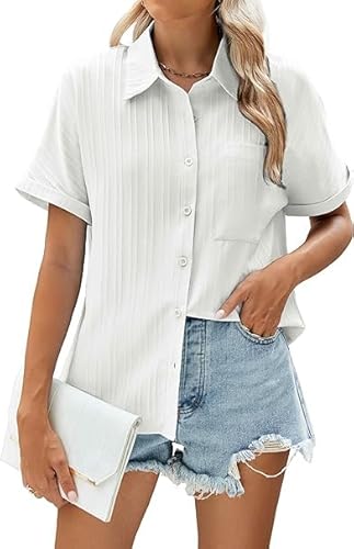 WANGZHI Bluse Damen Hemdbluse Kurzarm blusenshirt Damen Business Outfit Damen Kurzarm weiße Bluse dament-Shirts für Damen Weiß M von WANGZHI