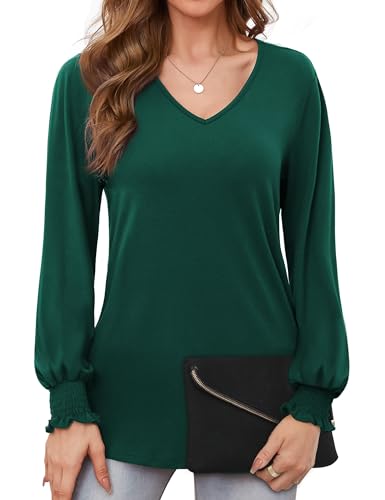 WANGZHI Langarmshirt Damen Elegant V-Ausschnitt Lockere Oberteile Tunika Langarm Top Dark Green,S von WANGZHI