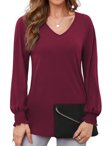 WANGZHI Langarmshirt Damen Elegant V-Ausschnitt Lockere Oberteile Tunika Langarm Top Wine Red,M von WANGZHI