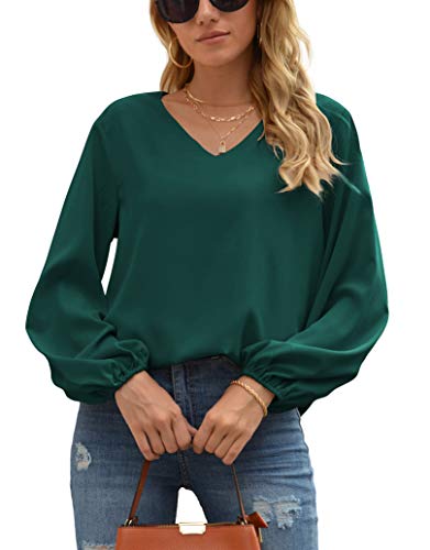 WANGZHI Damen Bluse Elegant V-Ausschnitt Hemden Langarm Casual Oberteile Hemd Lose Langarmshirt von WANGZHI