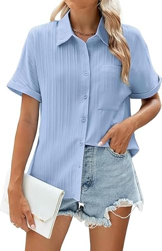 WANGZHI Damen Bluse Sommer Kurzarm Oberteile V Ausschnitt Button Down Blusen Casual Hemdbluse Basic Revers Shirts Tunika Tops Hellblau XL von WANGZHI