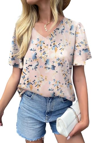 WANGZHI Damen Chiffon Bluse V-Ausschnitt fließende Kurze Ärmel Sommer Oberteile Hemden Top (Blume blau/rosa XX Large) von WANGZHI