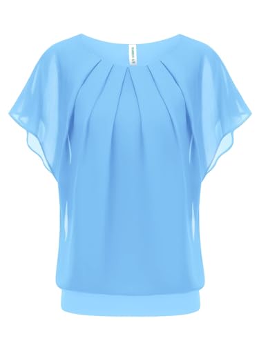 WANGZHI Damen Sommer Fledermausärmel Chiffon Bluse Rundkragen Casual T-Shirt Loose Fit Kurzarm Tunika Festliche Oberteile Basic Shirt Tops Chiffonbluse Hellblau XXL WANGZHI Damen Sommer Fledermausärmel Chiffon Bluse Rundkragen Casual T-Shirt Loose Fit Kurzarm Tunika Festliche Oberteile Basic Shirt Tops Chiffonbluse Hellblau XXL von WANGZHI