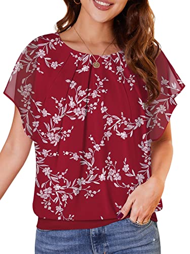 WANGZHI Damen Sommer Fledermausärmel Chiffon Bluse Rundkragen Casual T-Shirt Loose Fit Kurzarm Tunika Festliche Oberteile Basic Shirt Tops Chiffonbluse YH-Weiße Blätter/rot M von WANGZHI