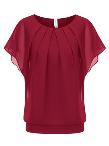 WANGZHI Damen Sommer Fledermausärmel Chiffon Bluse Rundkragen Casual T-Shirt Loose Fit Kurzarm Tunika Festliche Oberteile Basic Shirt Tops Chiffonbluse rot L von WANGZHI