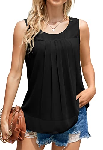 WANGZHI Tank Top Damen Sommer Elegante ärmellose Casual Blusen Tuniken Flowy Rundhals Chiffon Oberteile Schwarz-L von WANGZHI