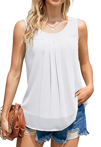 WANGZHI Tank Top Damen Sommer Elegante ärmellose Casual Blusen Tuniken Flowy Rundhals Chiffon Oberteile Weiß-L von WANGZHI