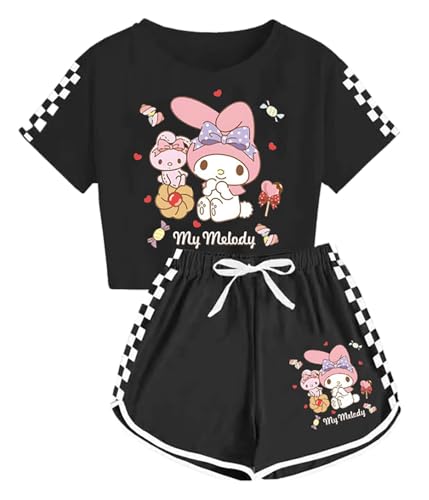 WANHONGYUE Anime Crop Top T Shirt and Shorts Set Petite Women's 2 Piece Short Sleeve Outfits Girls Summer Activewear Tracksuit, Schwarz/1, XS von WANHONGYUE