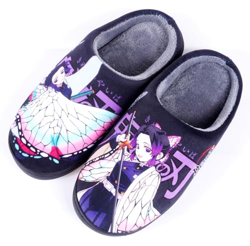WANHONGYUE Anime Demon Slayer Kochou Shinobu Slippers Women Men Fuzzy House Slippers with Rubber Sole Winter Warm Indoor Outdoor Anti-slip Shoes von WANHONGYUE