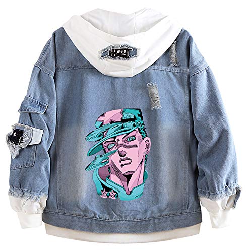 WANHONGYUE Anime JoJo’s Bizarre Adventure Denim Jacket Jeansjacke Damen Herren Hoodie Freizeitjacke Cosplay Kapuzenpullover Sweatshirt Mäntel Blau/2 M von WANHONGYUE