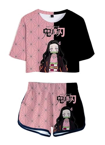 WANHONGYUE Anime Kamado Nezuko Crop Top T Shirt und Shorts Set Damen Mädchen 2 Piece Short Sleeve Outfits Summer Activewear Tracksuit, Nezuko, 3XL von WANHONGYUE