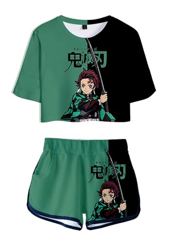 WANHONGYUE Anime Kamado Tanjirou Crop Top T Shirt und Shorts Set Damen Mädchen 2 Piece Short Sleeve Outfits Summer Activewear Tracksuit, Tanjirou, XS von WANHONGYUE