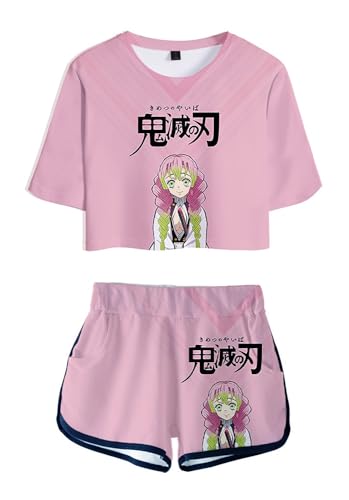 WANHONGYUE Anime Kanroji Mitsuri Crop Top T Shirt und Shorts Set Damen Mädchen 2 Piece Short Sleeve Outfits Summer Activewear Tracksuit, Mitsuri, M von WANHONGYUE