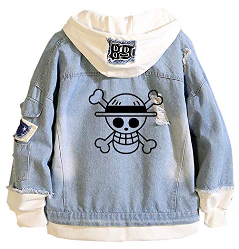 WANHONGYUE Anime One Piece Luffy Zoro Hoodie Denim Jacket Unisex Cosplay Jeansjacke Outwear Mäntel Blue 2 XL von WANHONGYUE