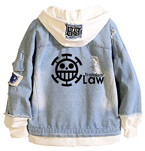 WANHONGYUE Anime One Piece Luffy Zoro Hoodie Denim Jacket Unisex Cosplay Jeansjacke Outwear Mäntel Blue 3 L von WANHONGYUE