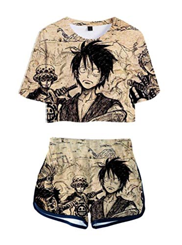 WANHONGYUE Anime One Piece Monkey D Luffy 3D Druck T-Shirt und Kurze Hosen Damen Mädchen Crop Top und Shorts Zweiteiler Anzug Set 1012/7 XXXXL von WANHONGYUE