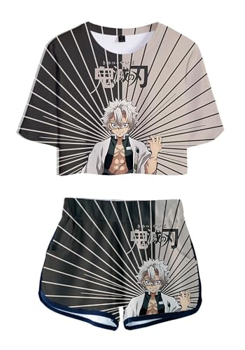WANHONGYUE Anime Shinazugawa Sanemi Crop Top T Shirt und Shorts Set Damen Mädchen 2 Piece Short Sleeve Outfits Summer Activewear Tracksuit, Shinazugawa Sanemi, L von WANHONGYUE