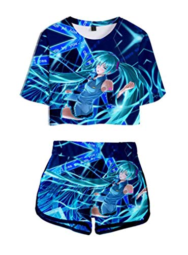 WANHONGYUE Anime Vocaloid Hatsune Miku 3D Druck T-Shirt und Kurze Hosen Damen Mädchen Crop Top und Shorts Zweiteiler Anzug Set 1021/1 L von WANHONGYUE