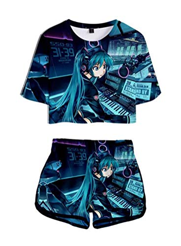 WANHONGYUE Anime Vocaloid Hatsune Miku 3D Druck T-Shirt und Kurze Hosen Damen Mädchen Crop Top und Shorts Zweiteiler Anzug Set 1021/15 XXXXL von WANHONGYUE