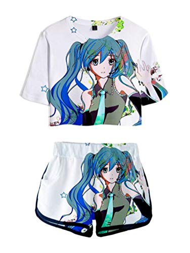 WANHONGYUE Anime Vocaloid Hatsune Miku 3D Druck T-Shirt und Kurze Hosen Damen Mädchen Crop Top und Shorts Zweiteiler Anzug Set 1021/5 L von WANHONGYUE