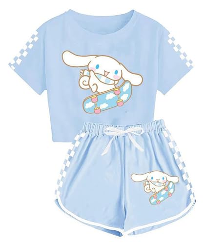 WANHONGYUE Kawaii Cartoon Crop Top T Shirt and Shorts Set Petite Women's 2 Piece Short Sleeve Outfits Girls Summer Active Tracksuit, Hellblau/1, S von WANHONGYUE