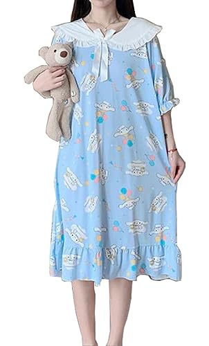 WANHONGYUE Cute Cinnamoroll Nachthemd Damen Kurzarm Nightdress Sleepshirt Sommer Nachtwäsche Schlafhemd Pyjamas Blue L von WANHONGYUE