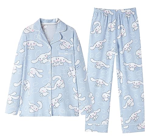 WANHONGYUE Damen Cute Cinnamoroll Pyjamas with Button Placket Long Sleeve Shirt with Pyjama Bottoms Sleepwear Loungewear Pyjamas Set Two Piece Leisure Suit Blau-1 M von WANHONGYUE