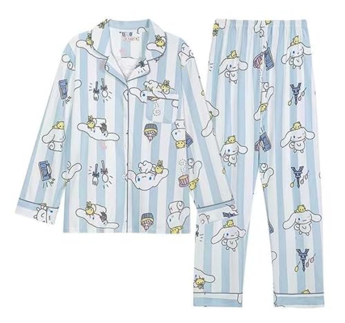 WANHONGYUE Damen Cute Cartoon Pyjamas with Button Placket Long Sleeve Shirt with Pyjama Bottoms Sleepwear Loungewear Pyjamas Set Two Piece Leisure Suit Blau-2 XL von WANHONGYUE