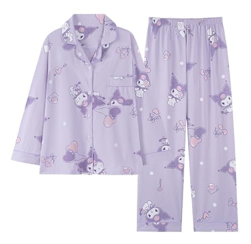 WANHONGYUE Damen Cute Cartoon Pyjamas with Button Placket Long Sleeve Shirt with Pyjama Bottoms Sleepwear Loungewear Pyjamas Set Two Piece Leisure Suit Lila-1 M von WANHONGYUE