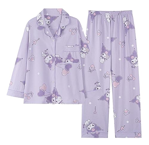 WANHONGYUE Damen Cute Kuromi Pyjamas with Button Placket Long Sleeve Shirt with Pyjama Bottoms Sleepwear Loungewear Pyjamas Set Two Piece Leisure Suit Lila-1 XXL von WANHONGYUE