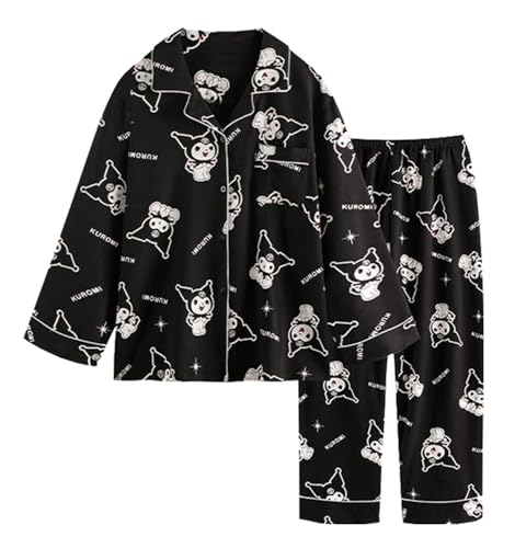 WANHONGYUE Damen Cute Cartoon Pyjamas with Button Placket Long Sleeve Shirt with Pyjama Bottoms Sleepwear Loungewear Pyjamas Set Two Piece Leisure Suit Schwarz XL von WANHONGYUE