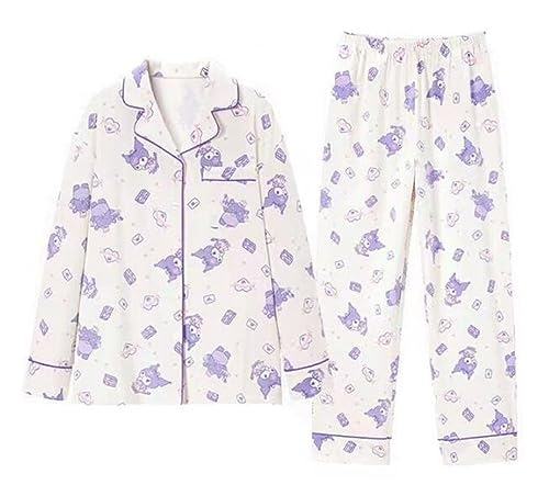 WANHONGYUE Damen Cute Kuromi Pyjamas with Button Placket Long Sleeve Shirt with Pyjama Bottoms Sleepwear Loungewear Pyjamas Set Two Piece Leisure Suit Weiß-1 L von WANHONGYUE