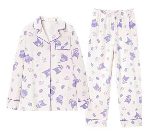 WANHONGYUE Damen Cute Cartoon Pyjamas with Button Placket Long Sleeve Shirt with Pyjama Bottoms Sleepwear Loungewear Pyjamas Set Two Piece Leisure Suit Weiß-1 L von WANHONGYUE