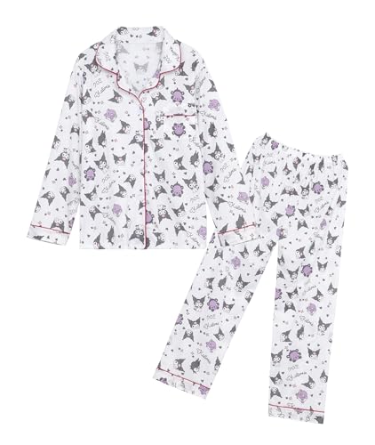 WANHONGYUE Damen Cute Cartoon Pyjamas with Button Placket Long Sleeve Shirt with Pyjama Bottoms Sleepwear Loungewear Pyjamas Set Two Piece Leisure Suit Weiß-2 M von WANHONGYUE