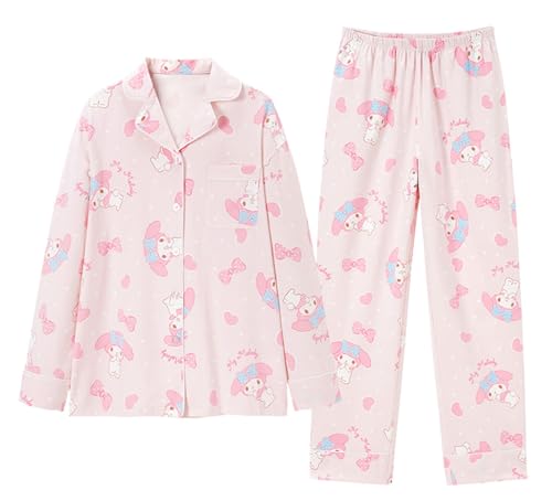 WANHONGYUE Damen Cute Cartoon Pyjamas with Button Placket Long Sleeve Shirt with Pyjama Bottoms Sleepwear Loungewear Pyjamas Set Two Piece Leisure Suit Rosa-1 M von WANHONGYUE