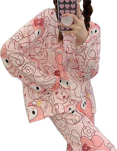 WANHONGYUE Damen Cute My Melody Pyjamas with Button Placket Long Sleeve Shirt with Pyjama Bottoms Sleepwear Loungewear Pyjamas Set Two Piece Leisure Suit Rosa-2 XL von WANHONGYUE