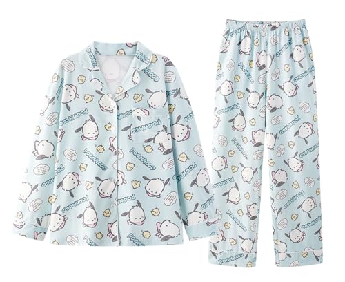 WANHONGYUE Damen Cute Cartoon Pyjamas with Button Placket Long Sleeve Shirt with Pyjama Bottoms Sleepwear Loungewear Pyjamas Set Two Piece Leisure Suit Blau-3 XL von WANHONGYUE
