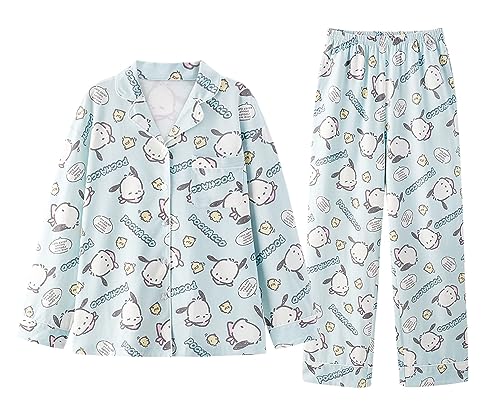 WANHONGYUE Damen Cute Pochacco Pyjamas with Button Placket Long Sleeve Shirt with Pyjama Bottoms Sleepwear Loungewear Pyjamas Set Two Piece Leisure Suit Blau-3 XXL von WANHONGYUE