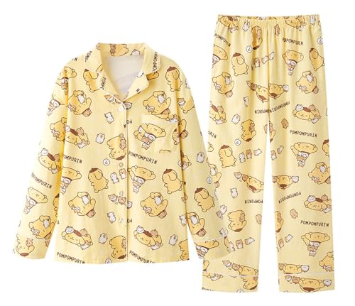 WANHONGYUE Damen Cute Cartoon Pyjamas with Button Placket Long Sleeve Shirt with Pyjama Bottoms Sleepwear Loungewear Pyjamas Set Two Piece Leisure Suit Gelb M von WANHONGYUE