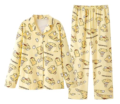 WANHONGYUE Damen Cute Pom Pom Purin Pyjamas with Button Placket Long Sleeve Shirt with Pyjama Bottoms Sleepwear Loungewear Pyjamas Set Two Piece Leisure Suit Gelb XL von WANHONGYUE