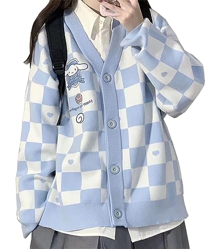 WANHONGYUE Kawaii Cinnamoroll Cardigan Sweater Damen Long Sleeve Open Front Knitted Jumper Strickjacke Mädchen JK School Uniform Anime V-Neck Pullover Jacket Coat Blau L von WANHONGYUE