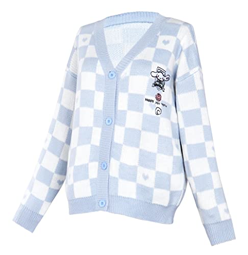 WANHONGYUE Kawaii Cinnamoroll Cardigan Sweater Damen Long Sleeve Open Front Knitted Jumper Strickjacke Mädchen JK School Uniform Anime V-Neck Pullover Jacket Coat Blau S von WANHONGYUE
