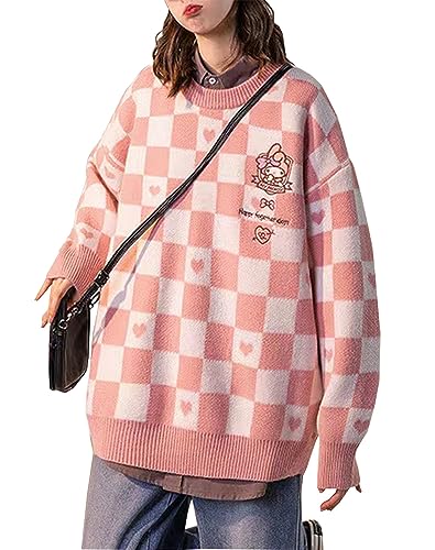 WANHONGYUE Kawaii Cinnamoroll Pullover Damen Mädchen Knitted Jumper Strickpullover Winter Warm Crew Neck Sweatshirt Outwear Long Sleeve Top Rosa S von WANHONGYUE