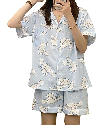 WANHONGYUE Kawaii Cinnamoroll Pyjamas Damen Mädchen Sleepwear Loungewear Short Pyjama Set Anime Short Sleeve Shirt and Shorts 2 Piece Leisure Suit Blau-1 L von WANHONGYUE