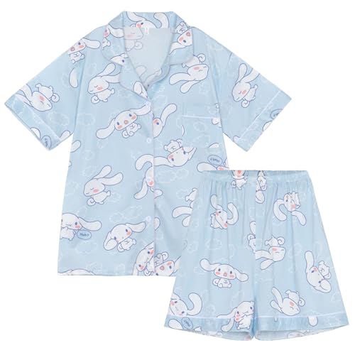 WANHONGYUE Kawaii Cartoon Pyjamas Damen Mädchen Sleepwear Loungewear Short Pyjama Set Anime Short Sleeve Shirt and Shorts 2 Piece Leisure Suit Blau-1 M von WANHONGYUE