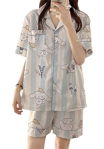 WANHONGYUE Kawaii Cinnamoroll Pyjamas Damen Mädchen Sleepwear Loungewear Short Pyjama Set Anime Short Sleeve Shirt and Shorts 2 Piece Leisure Suit Blau-2 M von WANHONGYUE
