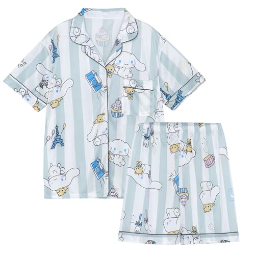 WANHONGYUE Kawaii Cartoon Pyjamas Damen Mädchen Sleepwear Loungewear Short Pyjama Set Anime Short Sleeve Shirt and Shorts 2 Piece Leisure Suit Blau-2 XL von WANHONGYUE