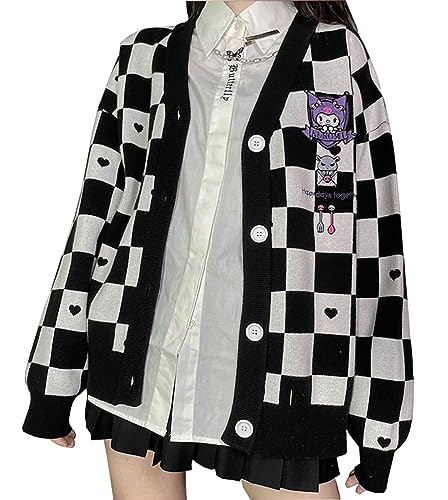 WANHONGYUE Kawaii Kuromi Cardigan Sweater Damen Long Sleeve Open Front Knitted Jumper Strickjacke Mädchen JK School Uniform Anime V-Neck Pullover Jacket Coat Schwarz XL von WANHONGYUE